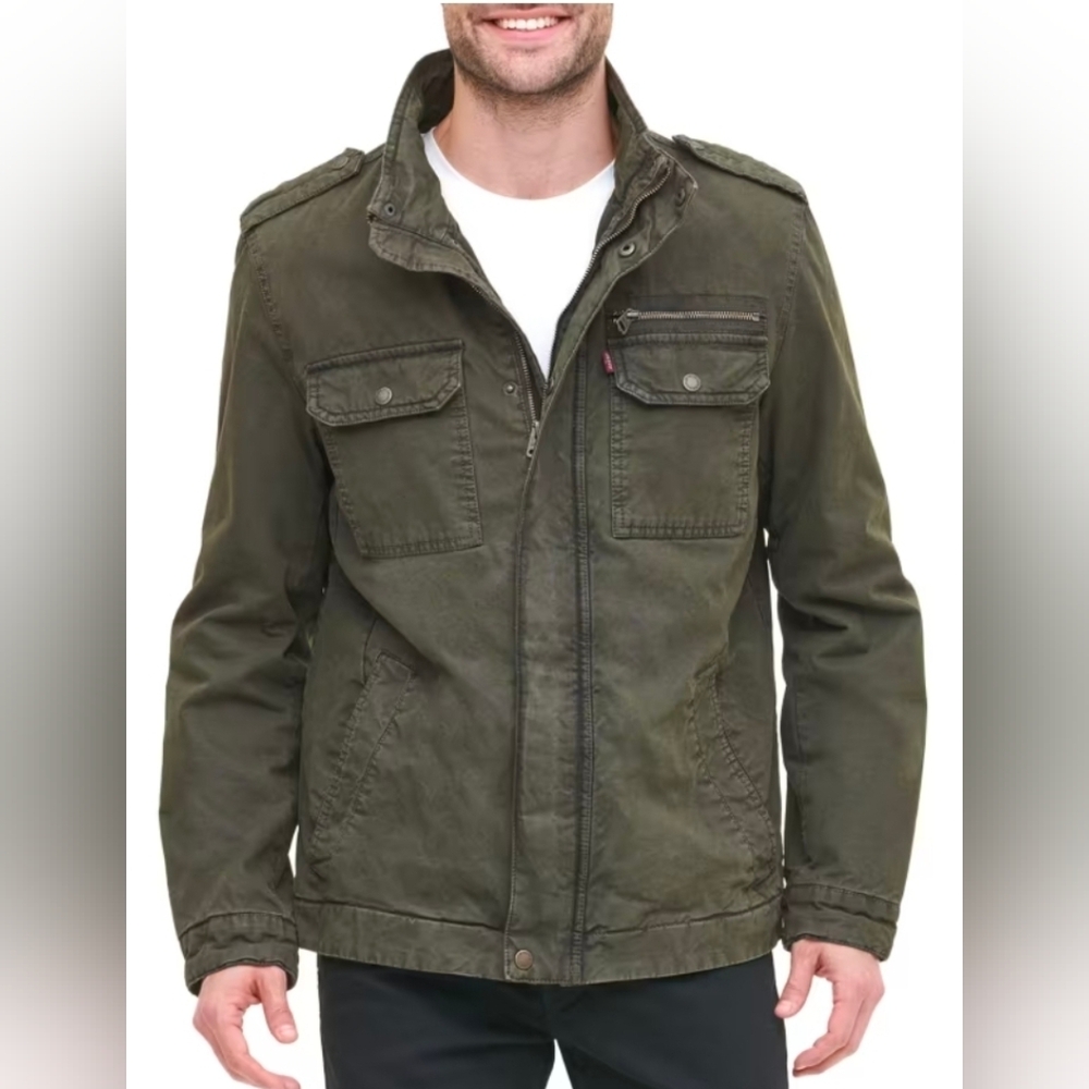 Levi's Mens Small Military Field Jacket Olive Zip & Snap Closure & Chest Pockets
